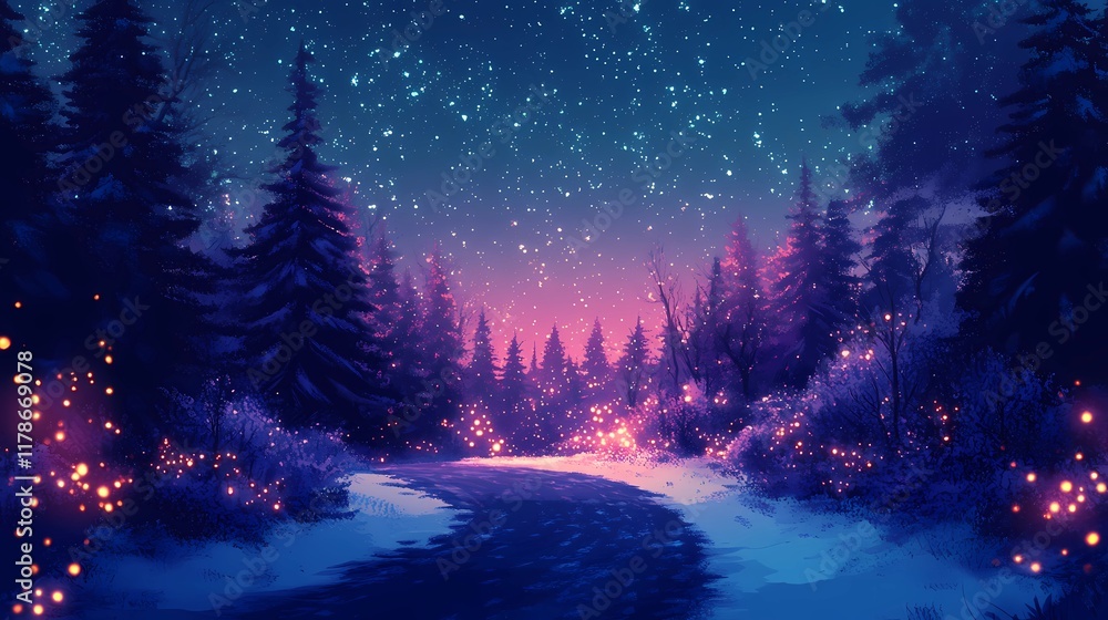 Fototapeta premium Enchanting winter forest road with glowing blurred bokeh lights background.