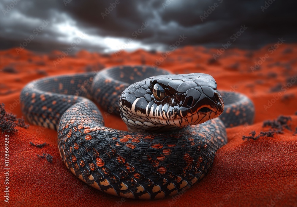 Fototapeta premium A Majestic Black Snake Coiled on the Vibrant Red Desert Sand Under a Dramatic Cloudy Sky
