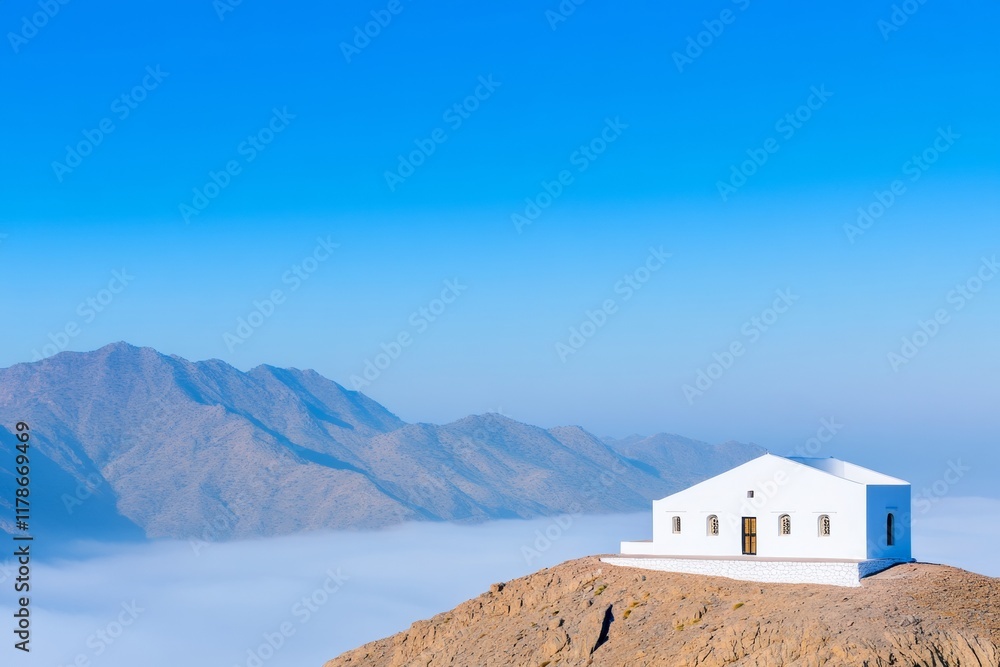 Tranquil Monastery on Foggy Hilltop with Mountain View During Morning Light Tranquil Monastery on Foggy Hilltop with Mountain View During Morning Light