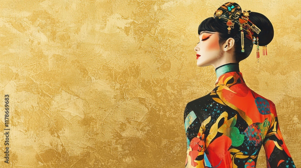 Fototapeta premium Elegant Asian Woman in Traditional Attire Against a Glimmering Gold Background Exuding Grace and Cultural Beauty with Vibrant Colors and Intricate Details