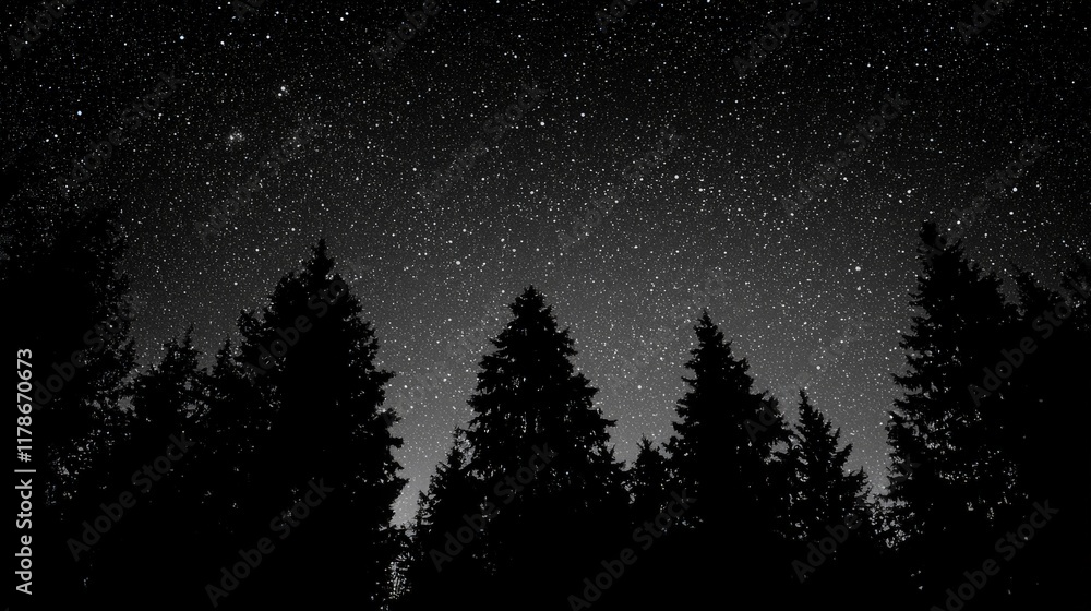 Naklejka premium Night Sky Starry Forest Trees Silhouette Dark Nature Winter