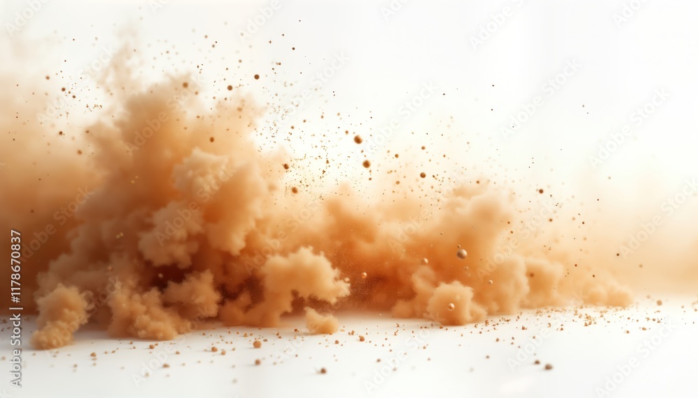 Powerful sandstorm cloud erupts against white background. Flying sand particles create swirling effect. Abstract, dynamic scene representing desert storm. Visual illustration of wind, nature power. Powerful sandstorm cloud erupts against white background. Flying sand particles create swirling effect. Abstract, dynamic scene representing desert storm. Visual illustration of wind, nature power.