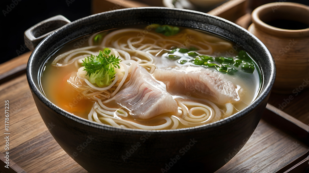Delicious Japanese Noodle Soup in Black Bowl Delicious Japanese Noodle Soup in Black Bowl
