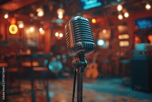 Vintage microphone stands ready for a live music performance in a cozy bar filled with warm lighting