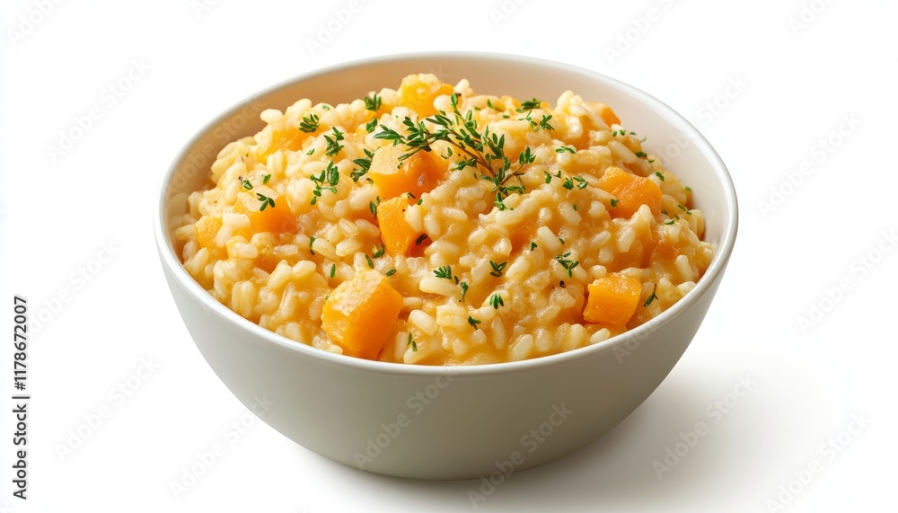 Creamy Butternut Squash Risotto in White Bowl with Garnish Creamy Butternut Squash Risotto in White Bowl with Garnish