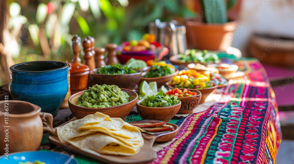 Fototapeta premium Mexican taco spread with guacamole, salsa, and fresh ingredients, festive mood