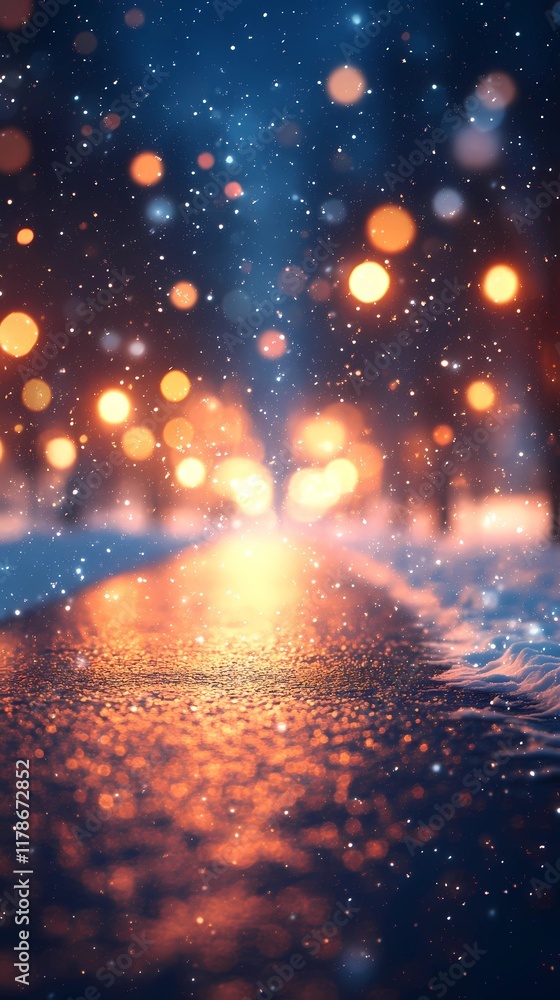 Naklejka premium Enchanting winter forest road with glowing blurred bokeh lights background.