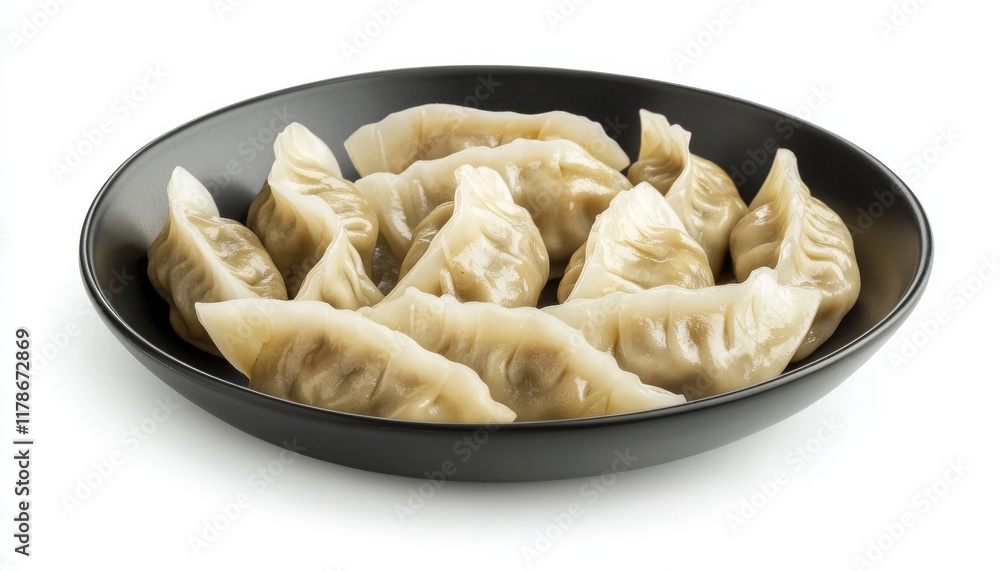 Steamed Dumplings in Black Bowl on White Background Steamed Dumplings in Black Bowl on White Background