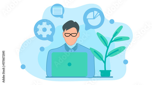 Career woman is working seriously in front of a laptop and there is a smartphone. Working on office task targets. Vector illustration in flat design style