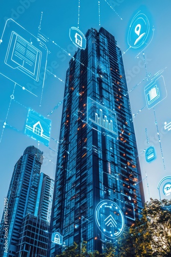 Building automation and energy management showcased by AI and IoT icons.