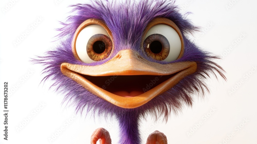 A cheerful purple bird character with large eyes and a friendly expression. A cheerful purple bird character with large eyes and a friendly expression.