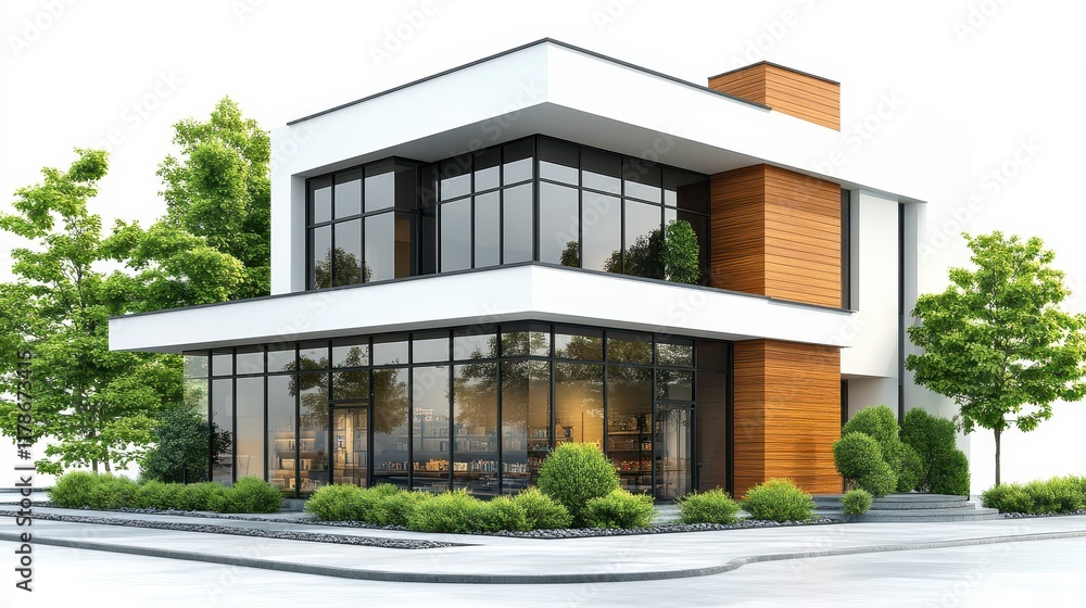 Modern house with large windows, wooden accents, and landscaping. Modern house with large windows, wooden accents, and landscaping.