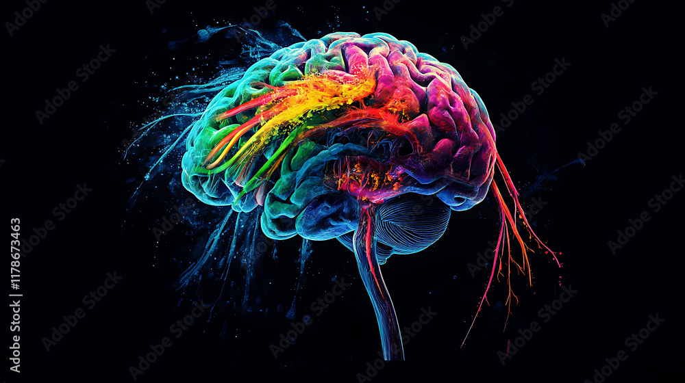Vibrant Human Brain Illustration with Abstract Background, A colorful, artistic illustration of a human brain against a dark background. Vibrant Human Brain Illustration with Abstract Background, A colorful, artistic illustration of a human brain against a dark background.