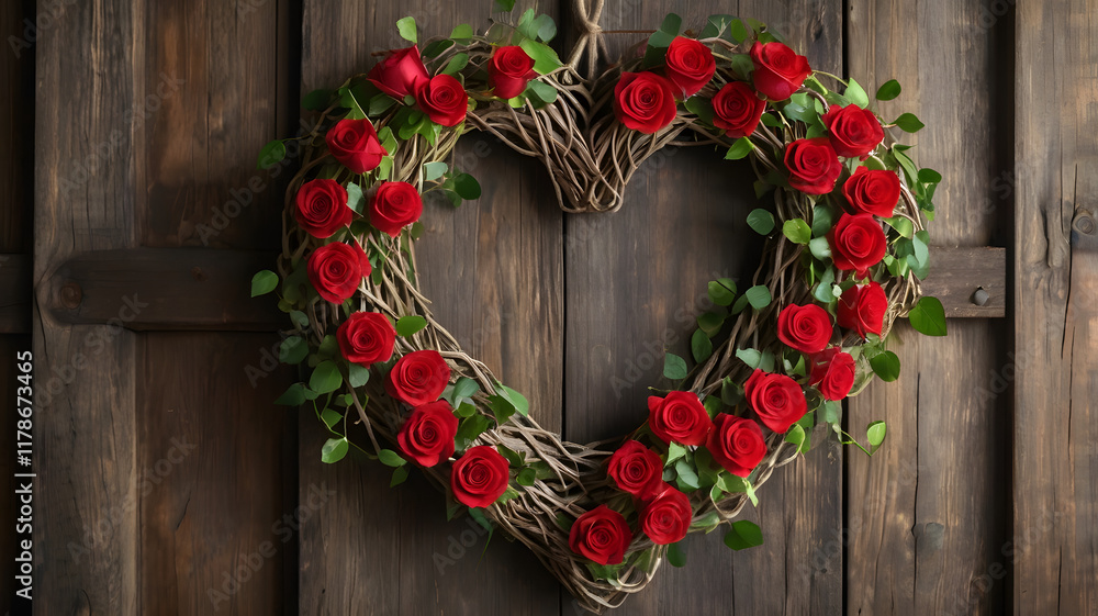 Heartfelt Romance: A rustic wooden door serves as a backdrop for a delicate wreath crafted from entwined vines and vibrant red roses, forming a heart shape. The wreath symbolizes love, affection. Heartfelt Romance: A rustic wooden door serves as a backdrop for a delicate wreath crafted from entwined vines and vibrant red roses, forming a heart shape. The wreath symbolizes love, affection.