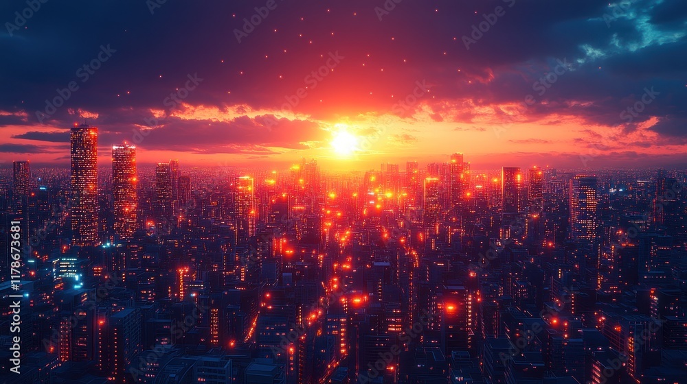 Fototapeta premium A vibrant sunset over a futuristic cityscape, with glowing lights and a dramatic sky.