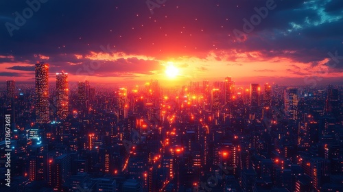 Wallpaper Mural A vibrant sunset over a futuristic cityscape, with glowing lights and a dramatic sky. Torontodigital.ca