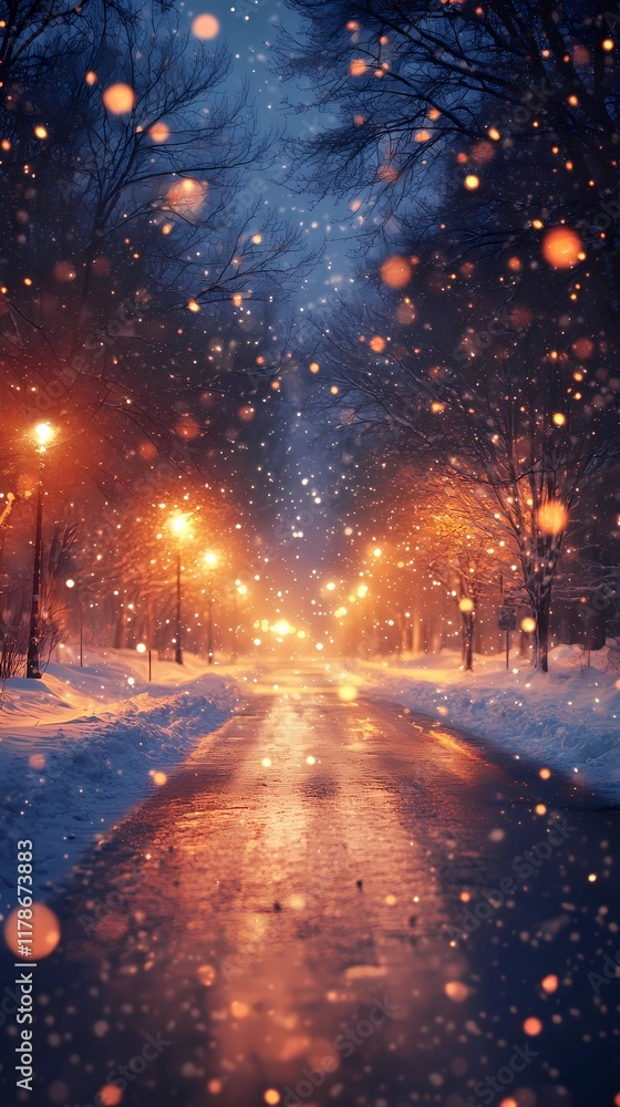 Naklejka premium Enchanting winter forest road with glowing blurred bokeh lights background.