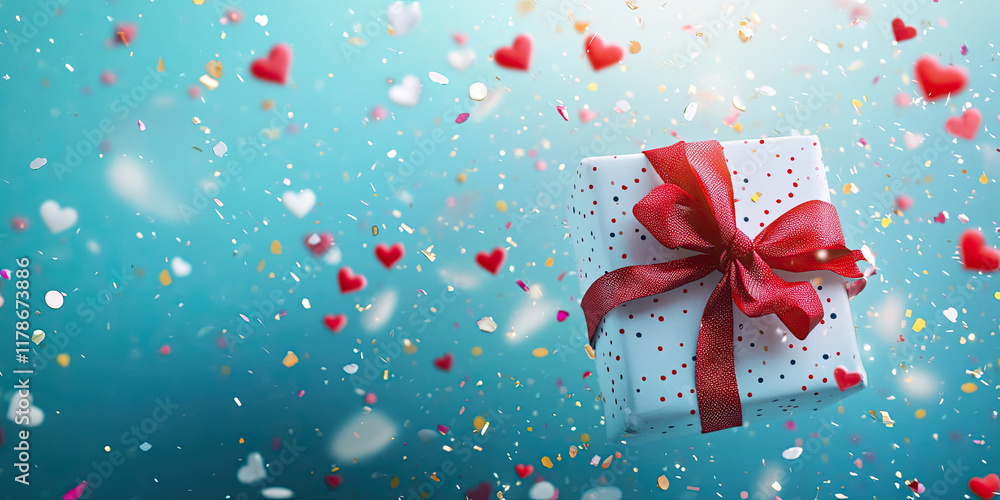 3D gift box Valentine's Day on blue background adorned by small heart-shaped confetti and glittery 3D gift box Valentine's Day on blue background adorned by small heart-shaped confetti and glittery