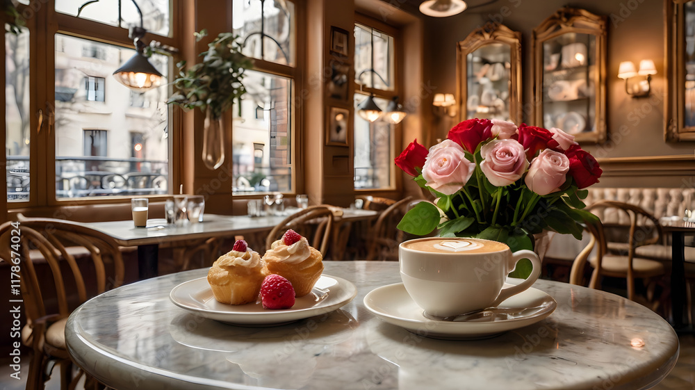Fototapeta premium Parisian Cafe Delight: Indulge in the charm of a Parisian cafe, where a warm cup of cappuccino, delectable pastries, and a vibrant bouquet of roses create a scene of pure romance and tranquility. 