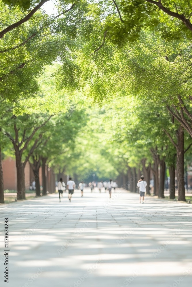 Early Morning Tranquility on a Tree-Lined South Korean Campus Path Early Morning Tranquility on a Tree-Lined South Korean Campus Path