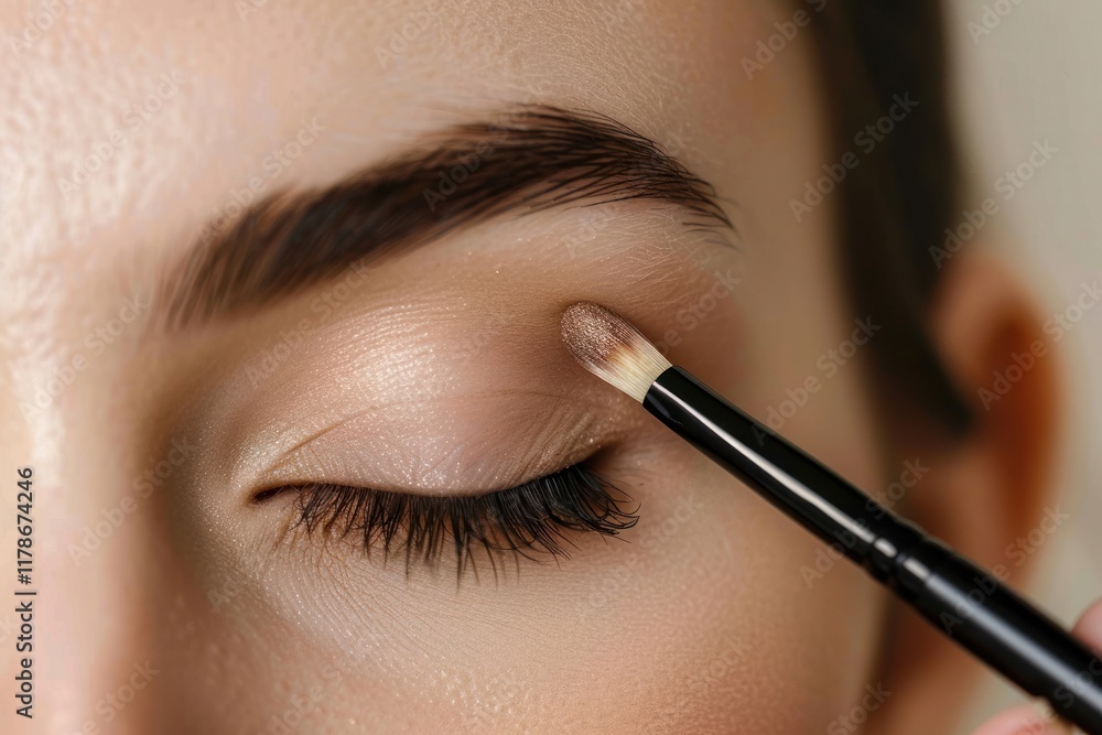 Woman applying biege eyeshadow brush cosmetics device. Woman applying biege eyeshadow brush cosmetics device.