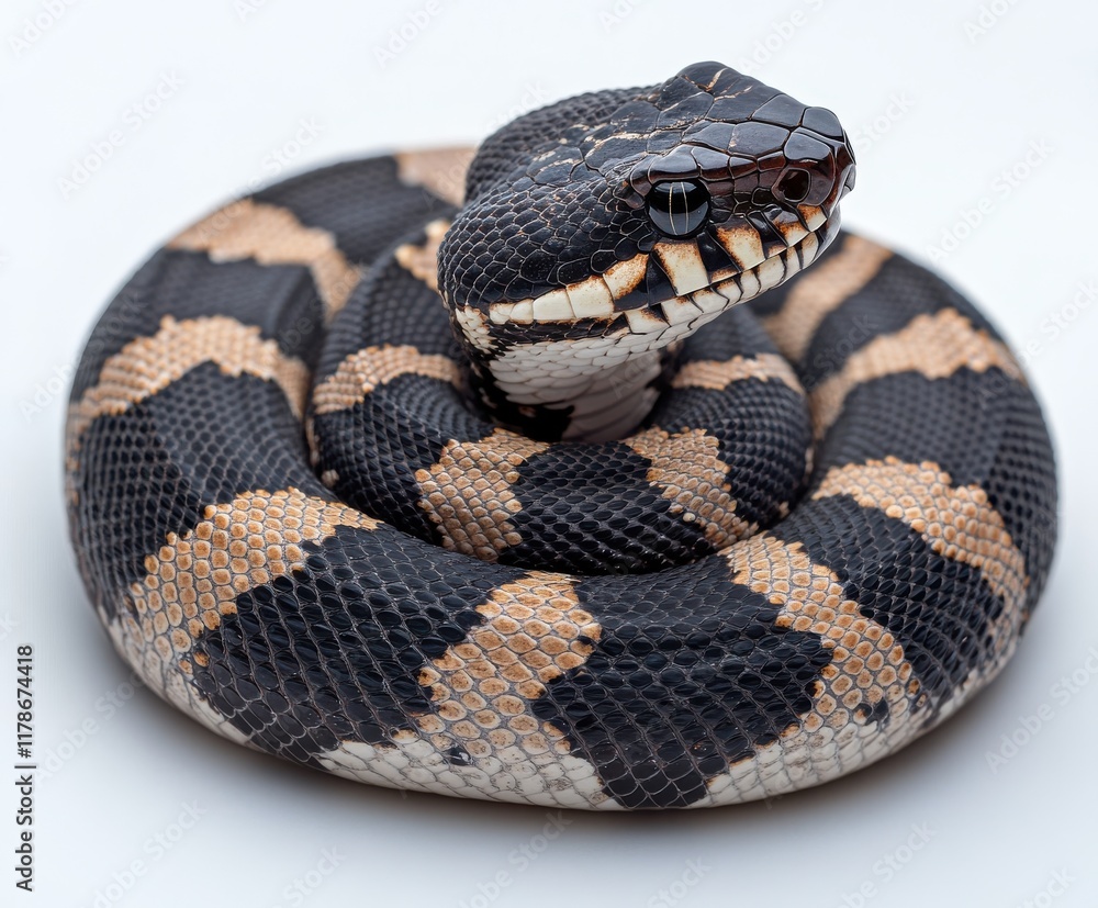 Captivating Close-Up of a Coiled Black and Orange Patterned Snake Displaying Intricate Scales and Striking Features Against a Plain Background Captivating Close-Up of a Coiled Black and Orange Patterned Snake Displaying Intricate Scales and Striking Features Against a Plain Background