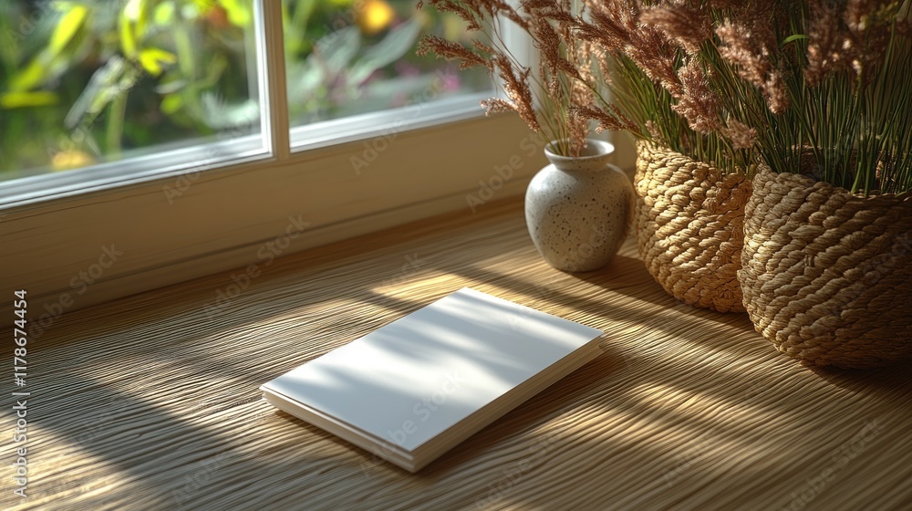 Fototapeta premium A serene workspace with a notebook and plants.
