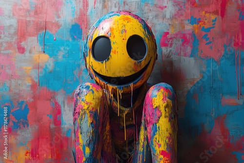Brightly colored paint splashes cover a smiling figure sitting against a vibrant wall