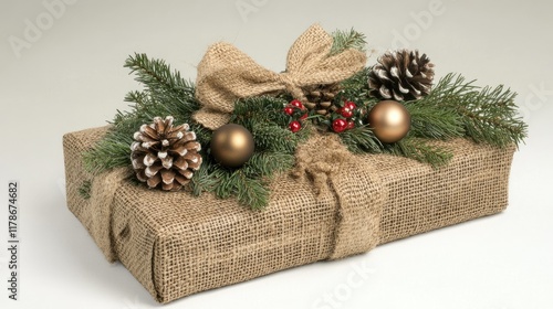 New Year gift box wrapped with natural materials like burlap and greenery, featuring pinecones and small ornaments, perfect for capturing the spirit of Christmas photo