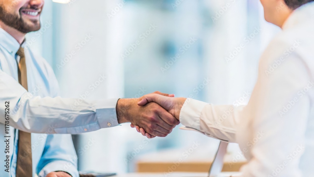 Obraz premium Professional Handshake in Office Setting: Shows two businesspeople shaking hands, symbolizing partnership, with a blurred office interior in the background. 