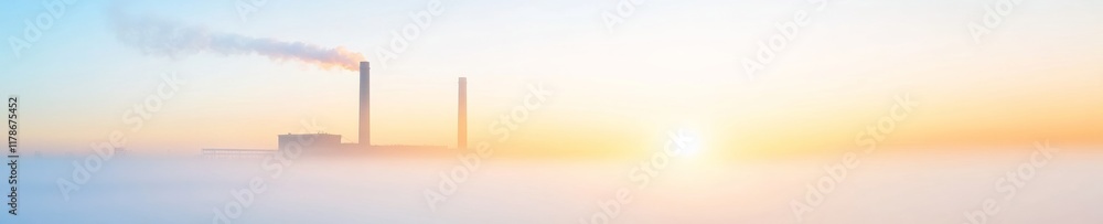 Fototapeta premium Ethereal Sunrise Over Abandoned Power Plant in Foggy Landscape