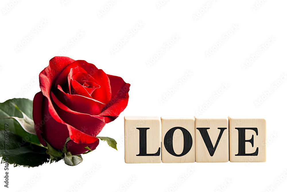 Fototapeta premium Eddy very beautiful feels LOVE in block letters on wooden blocks, next to it is the date of February 14th with a red heart and rose, isolated on a transparent background.