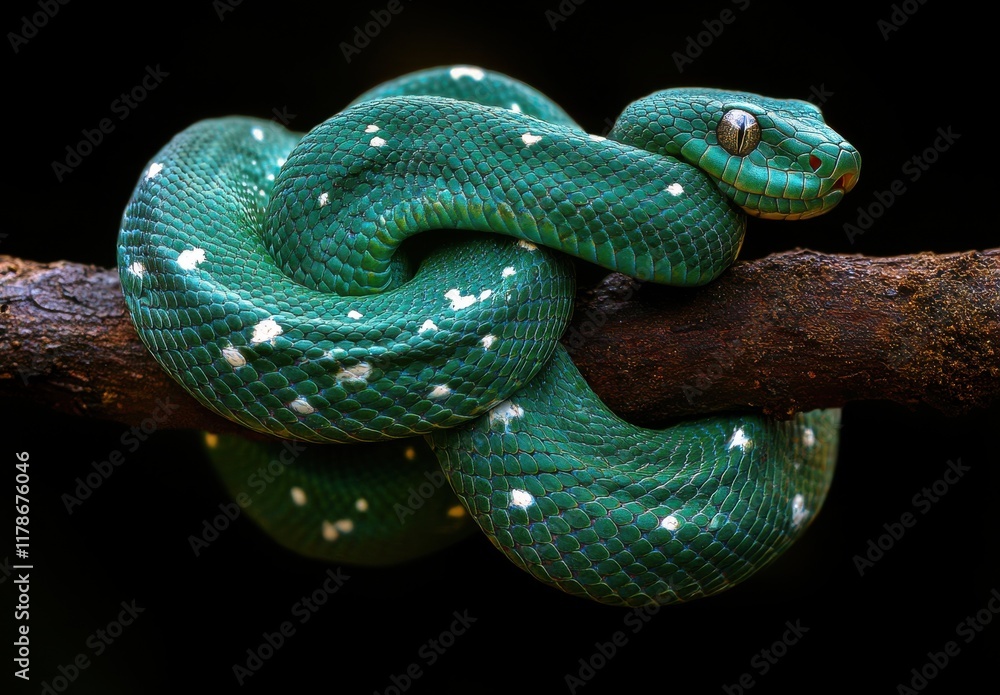 Obraz premium Captivating Green Snake Coiled on Branch Displaying Vibrant Scales and Unique Patterns, Set Against a Dark Background for Nature Photography