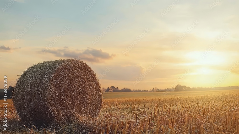 A serene sunset over a golden field with a hay bale, capturing the essence of rural tranquility and nature's beauty. A serene sunset over a golden field with a hay bale, capturing the essence of rural tranquility and nature's beauty.