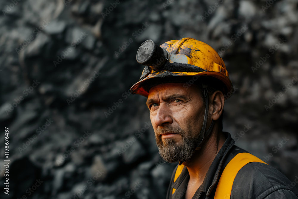 Portrait of a Serious Miner in Work Gear with Headlamp in Rocky Environment Portrait of a Serious Miner in Work Gear with Headlamp in Rocky Environment