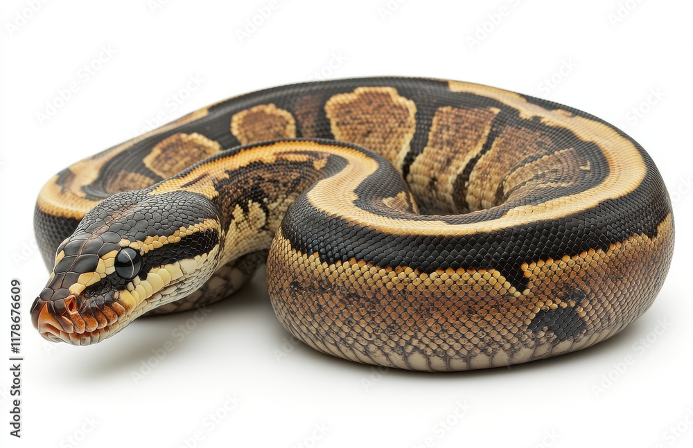 Obraz premium Captivating Royal Python Coiled on White Background with Distinctive Patterns and Rich Coloration Showcasing Unique Scales and Soft Curves in Serene Pose