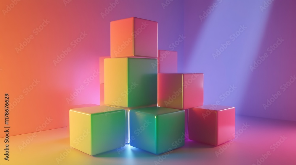 3D geometric cubes stacked in a gradient of rainbow colors with sharp lighting 3D geometric cubes stacked in a gradient of rainbow colors with sharp lighting