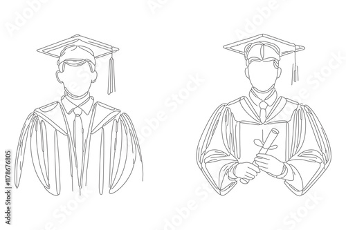 Minimalist line drawing, graduate student, academic gown, graduation cap, diploma, continuous line art,