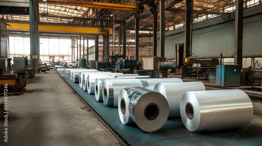 Industrial setting with rows of metal rolls ready for processing. Industrial setting with rows of metal rolls ready for processing.