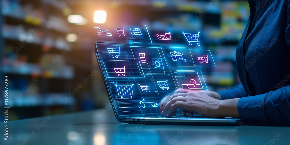 Obraz premium Preisstrategie und Geschäftsplanungskonzept. Geschäftsmann arbeitet an einer digitalen Schnittstelle mit Symbolen für globalen Handel, Kostenanalyse, Rabatte und Verkaufsoptimierung. E-Commerce, Preis