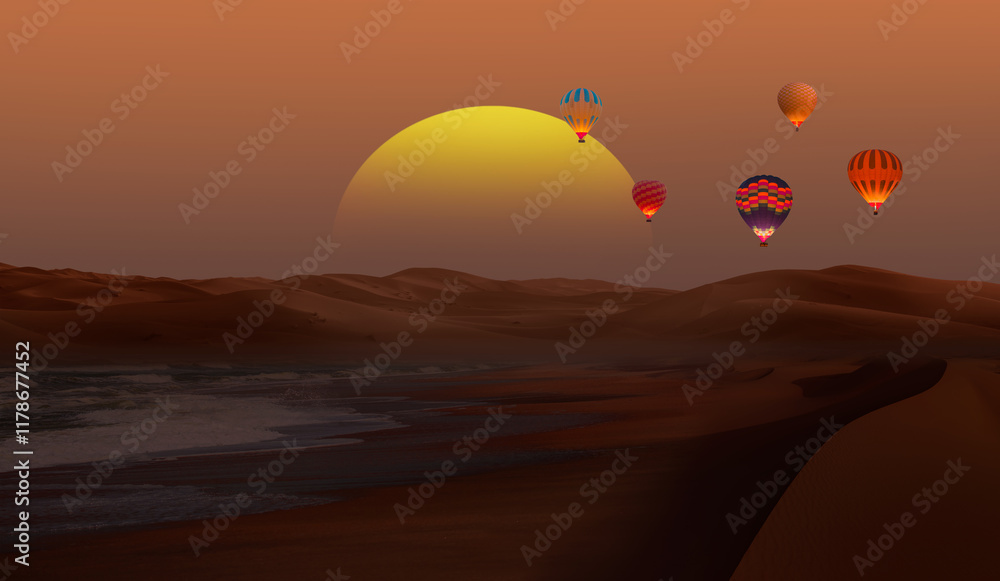 Fototapeta premium Hot air balloon flying over sand dunes in the Sahara Desert at amazing sunrise, Merzouga, Morocco - Orange dunes in the desert of Morocco - Sahara desert, Morocco