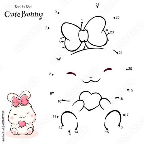 Connect The Dots and Draw Cute Bunny. Dot to dot puzzle with cartoon little baby rabbit with bow. Educational Game for Kids. Drawing for Preschool children. Vector Illustration EPS8