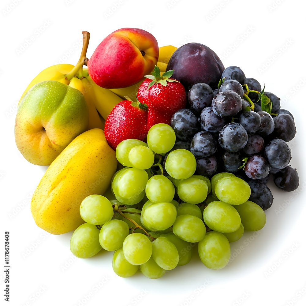 Colorful fruit mix bananas, grapes, strawberries, plums, and peaches. Healthy eating concept. Colorful fruit mix bananas, grapes, strawberries, plums, and peaches. Healthy eating concept.