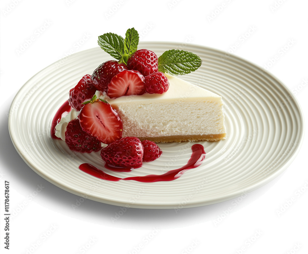 Creamy Strawberry Cheesecake Slice with Drizzle on White Plate Creamy Strawberry Cheesecake Slice with Drizzle on White Plate