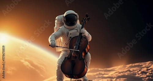 An astronaut in an advanced spacesuit plays the cello on the moon with Earth in the distant background. 03. photo