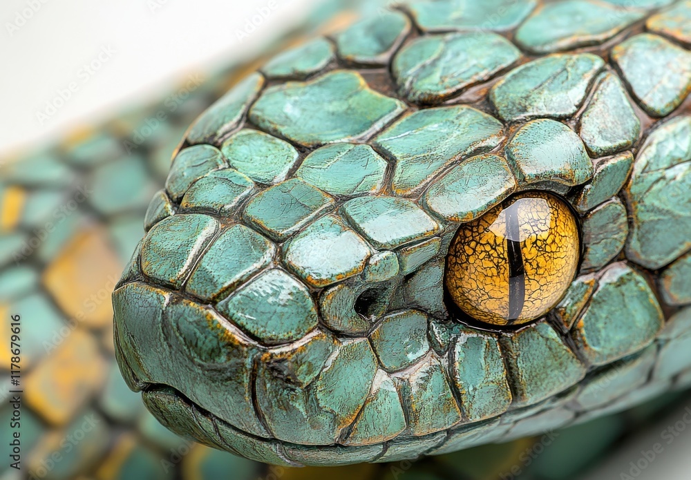 Fototapeta premium Close-Up of a Colorful Green Snake with Intricate Scales and Striking Eyes Captured in High Detail, Showcasing Natural Beauty and Unique Texture in Macro Photography