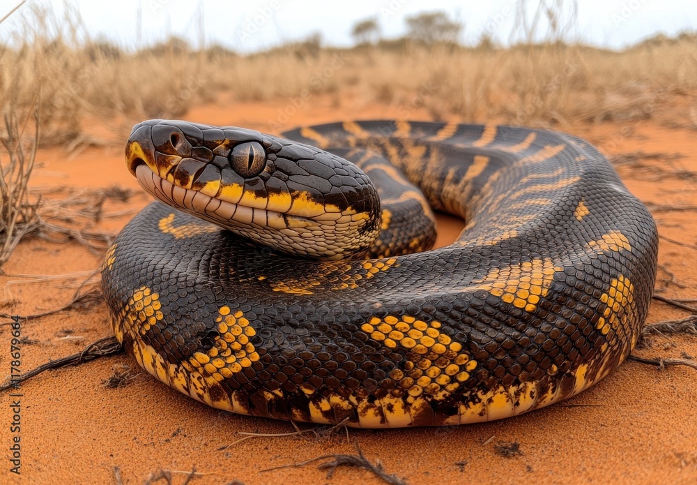 Fototapeta premium Close-Up of a Colorful Python Coiled on Dry Desert Ground, Showcasing Intricate Patterns and Textures, Highlighting Nature's Beautiful Diversity and Unique Wildlife
