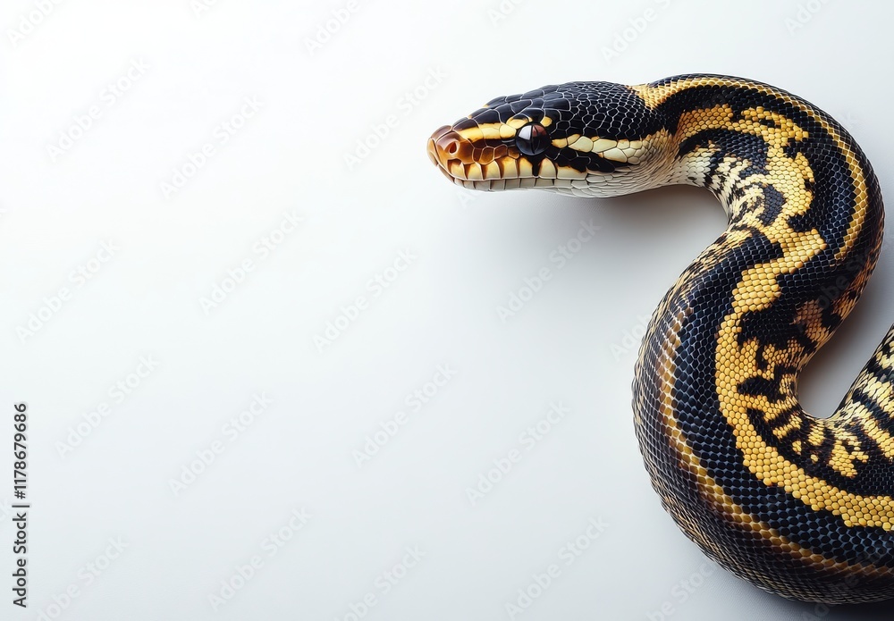 Naklejka premium Close-up of a Colorful Python Slithering on a Light Background with Intricate Scale Patterns Highlighting Its Unique Beauty and Texture, Perfect for Nature Lovers and Wildlife Enthusiasts