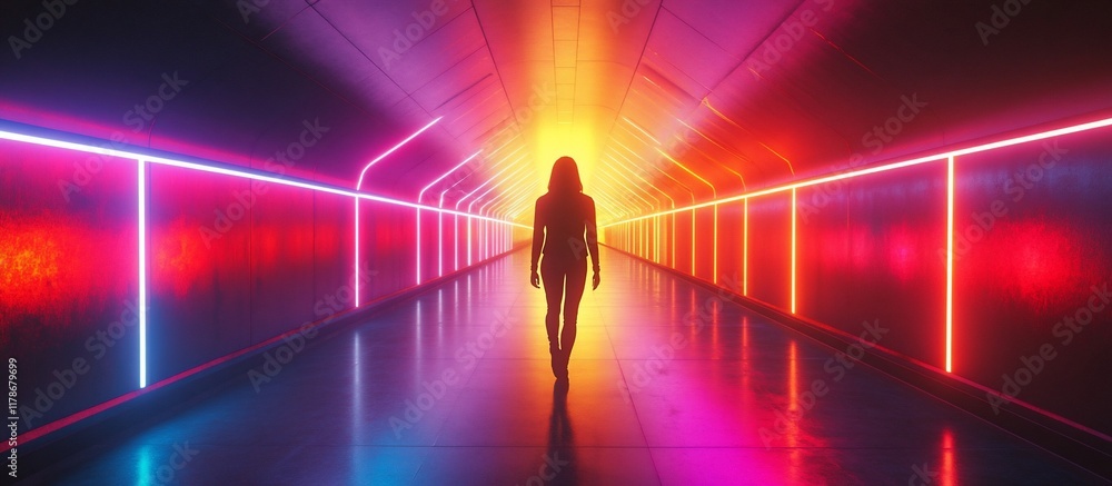 Neon Dreamscape: A Woman Walks Through a Vibrant, Futuristic Tunnel Neon Dreamscape: A Woman Walks Through a Vibrant, Futuristic Tunnel