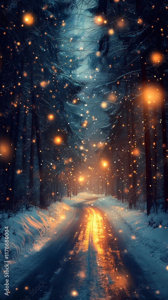 Naklejka premium Blurred glowing bokeh lights softly illuminate a quiet winter forest road surrounded by snow-covered trees creating a serene and magical ambiance